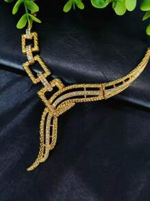 4pcs Set Fashion Women's Tasseled Sparkly Rhinestone Pendant Gold-Plated Jewelry Set, Necklace & Earrings, Suitable For Wedding, Party, Holiday Gift, African American