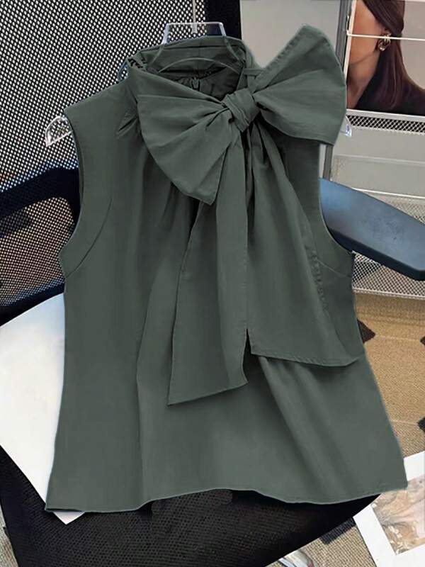 Elegant Sleeveless Neckline Ribbon Tied Design Versatile Summer Top