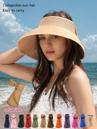 夏季新款韩版女士宽边太阳帽，可折叠无顶时尚休闲沙滩草帽带蝴蝶结，优雅百搭，涤纶制成，防紫外线，适合春夏季