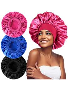 3入組實色舒適家居用帽：化療帽，女士護髮帽，緞面睡眠帽 - 鬆緊帶睡眠帽，時尚緞面睡眠帽，夜間睡眠帽，優雅如絲緞實色睡眠帽，輕盈柔軟睡眠帽，女士彈性浴帽