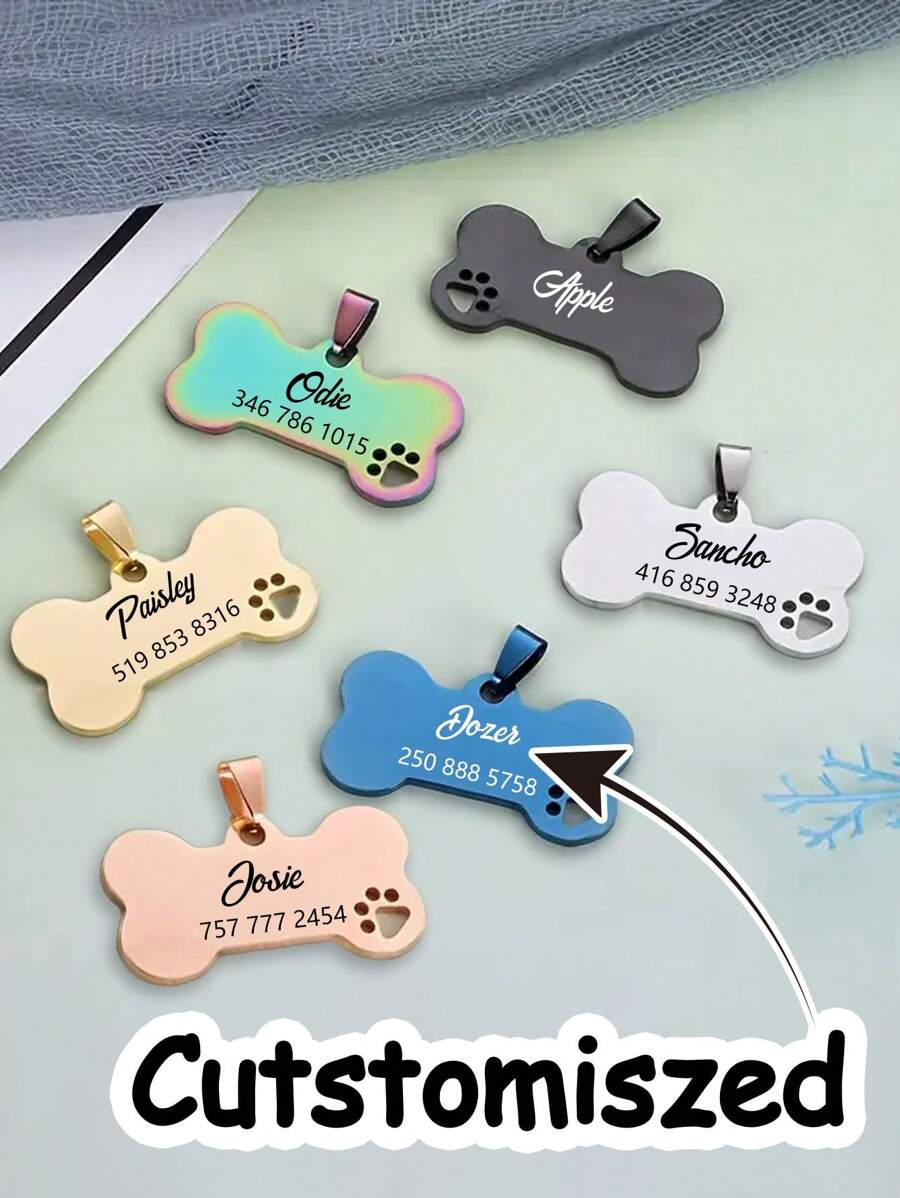 Cutstomiszed Stainless Steel Durable Pet Tags - Engraved Personalized Dog Tags, Cat Tags ,Bone Shaped Pet Tags, Available In Multiple Colors,Including Color, Silver, Gold , Rose Gold, Blue, Black,DIY Pet Tags With Phone Numbers And Names,Pet Collar Tags, For Small Large Dogs Cats