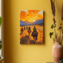 1pc Western Wall Art Framed Canvas Wall Art Poster Neutral People Riding Horses In A Field Wall Art For Living Room Bedroom Bathroom Kitchen Apartment Hotel, Artful Home Decoration - Framed, Vertical