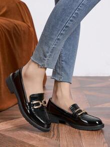 Women's Black Patent Leather Slip-On Loafers, Round Toe With Metal Buckle, Suitable For Work And Casual Occasions, Showcasing Fashionable Charm - Black - View 4