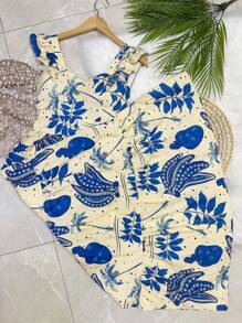vestido longo ESTAMPA com forro com bojo tecido CREPINHO bonito fashion - Azul Empoeirado - Visão 4