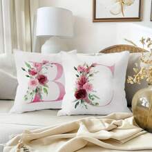 1pc Alphabet Floral Pillow Cover - A To Z English Letters Pink Print, 18x18 Inches - Contemporary Throw Pillow Case For Sofa, Living Room, Bedroom Decor - Single-Sided Printing, No Insert - For Home Decor Enthusiasts