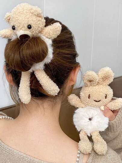1个女士熊兔毛绒发圈，时尚可爱，可个性化装饰，冬季卡通百搭发圈配饰，适合日常装饰、约会和送礼，可作发圈、马尾辫发绳等。