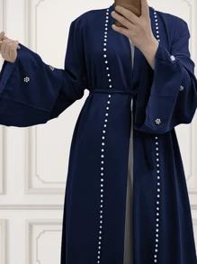 1pc New Beaded Floral Kimono Cardigan, Lightweight With Tie Sash, Stylish & Comfortable For Daily Gatherings & Outings (Abaya) Headband Soft Hijab Veiled Clothes - 彩色 - 查看 13
