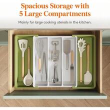 Utensil Organizer Kitchen Drawers, Expandable Cooking Utensil Tray, Adjustable Cutlery Silverware Flatware Holder, Plastic Kitchen Spatula Tools And Gadgets Storage Divider, Large, Black - 白色 - 查看 4