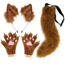 Fox Wolf Ears Headband Furry Tail Plush Cat Paw Mittens Gloves Set Halloween Party Cosplay Costumes Accessories, Rave