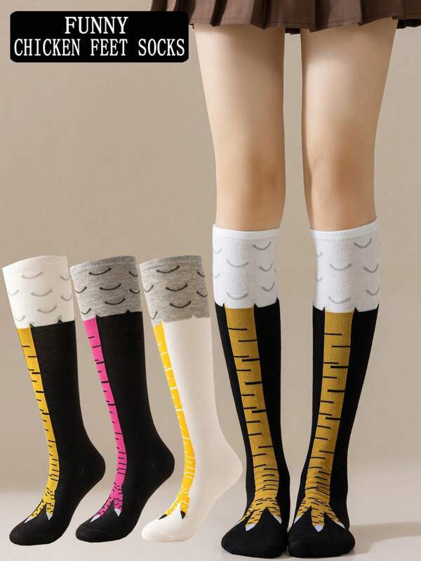 1 par de calcetines divertidos con diseño de garra de pollo, que absorben el sudor y son transpirables, adecuados para primavera y otoño, para citas, fiestas divertidas y ocasiones apropiadas para estudiantes, calcetines largos hasta la pantorrilla que realzan las piernas.