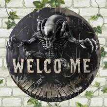 8x8 Inch Metal Alien Themed Welcome Sign, Versatile Decor For Room, Front Door, Porch, Holiday, Party, Housewarming Gift, Round Metal Sign, Home, Kitchen, Bar, Cafe, Garage Decoration, Random Hole Placement