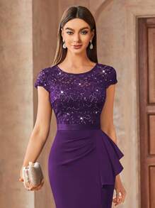 MIUSOL Elegant Contrast Lace & Sequin Patchwork Ruffle Trim Ruched Bodycon Dress With Fitted Hem, Semi-Formal Women's Attire, Suitable For Graduation Ceremony, Dinner - Purple - View 7