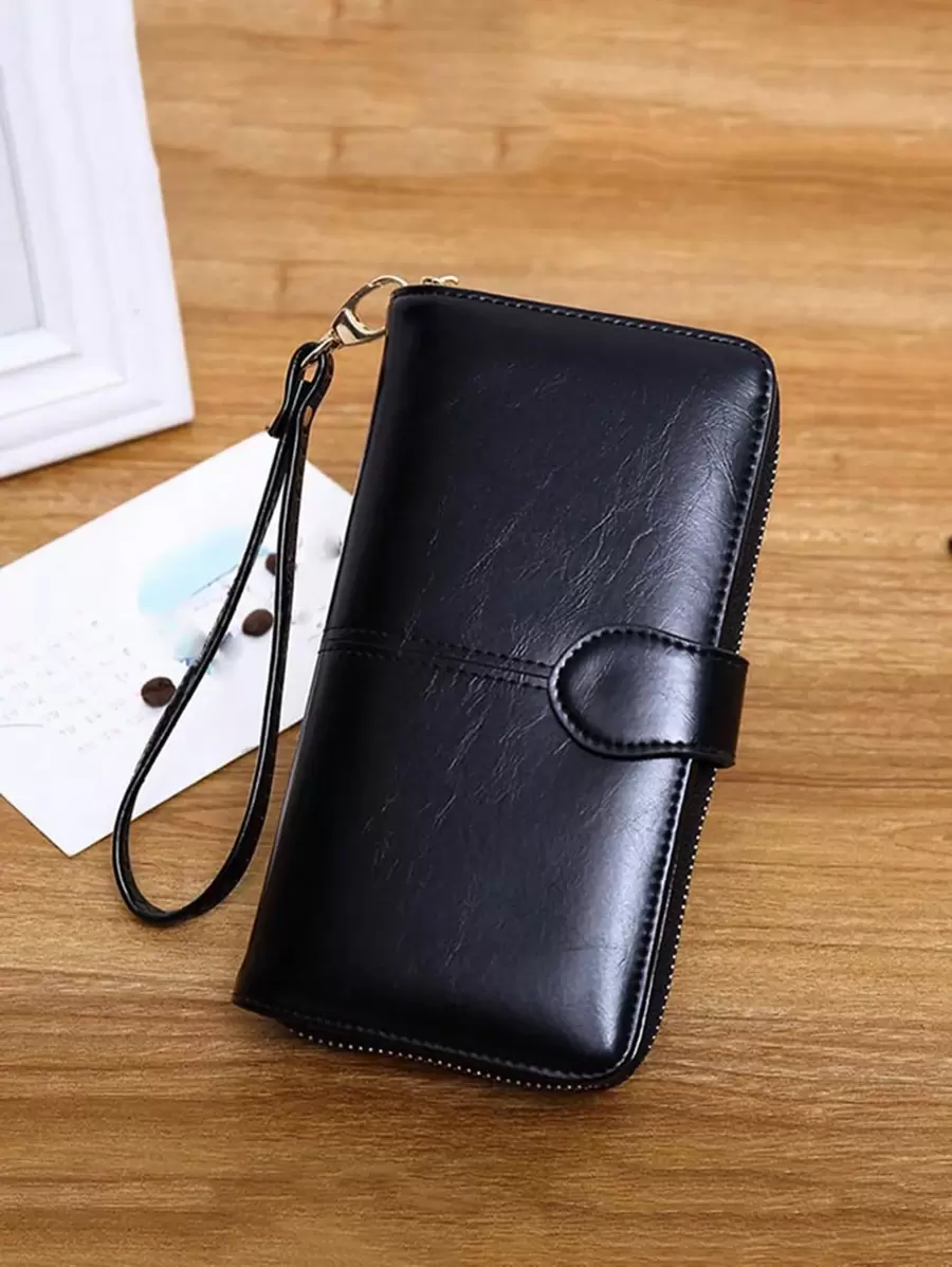 油蜡皮革多槽多层长款钱包女士钱包迷你钱包钱包手拿钱包 - 黑色 - 查看 1