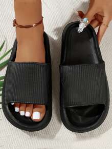 New Fashion Versatile Black Striped Single-Hole Face Thickened Soft Comfortable Non-Slip Anti-Odor EVA Material Women's Slip-On House Slippers For Indoor/Outdoor Wear, All Seasons