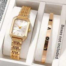 Fashion Ladies' Two Pieces Quartz Watch Series, Featuring A Stylish Square Case, Luxurious Gold Strap, Battery, And Accompanied By A LOVE Bracelet. The Perfect Casual Gift For Her Or Her Mother On Valentine's Day, Birthday, Or Christmas.