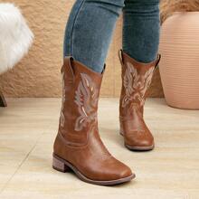 Women's Thick Heel Slip-On Embroidered Brown Western Ankle Booties, Go With Sweater Square Toe Mid-Calf Fashion Cowboy Boots, New Autumn Winter Short Shaft Riding Boots
