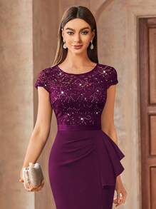 MIUSOL Contrast Lace Sequin Insert Ruffle Trim Ruched Wrap Hem Bodycon Dress