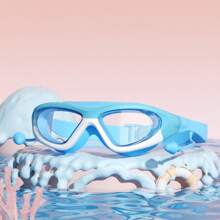 1pc防水防雾大框潜水一体镜一体式耳塞硅胶游泳镜大框游泳镜适合游泳训练休闲 - 藍色 - 查看 5