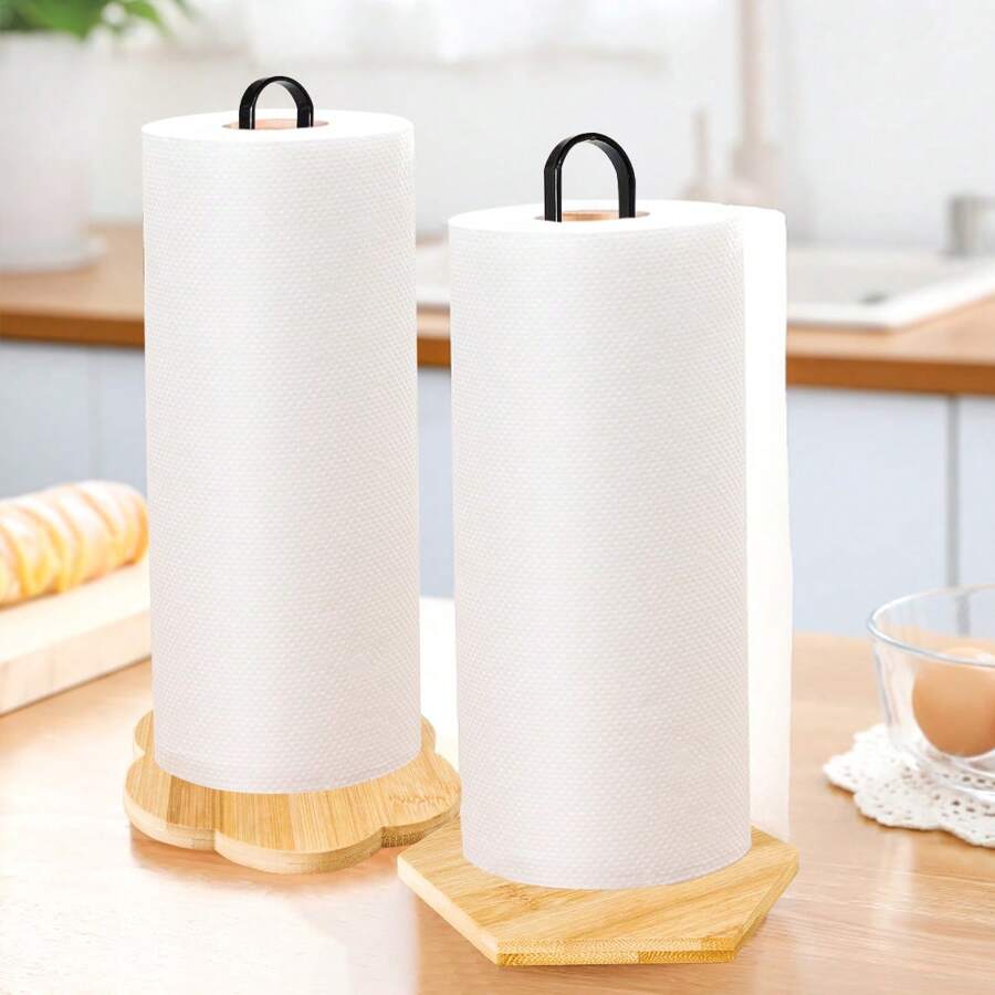2pcs Minimalist Kitchen Iron & Bamboo Wood Paper Towel Holder Organizer Rack, Freestanding Cloth Hanging Stand
