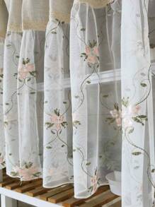 1pc Pink Floral Embroidery Semi Sheer Linen Cafe Curtain Retro Farmhouse Style Short Curtain For Kitchen Dining Room Window Rod Pocket Top