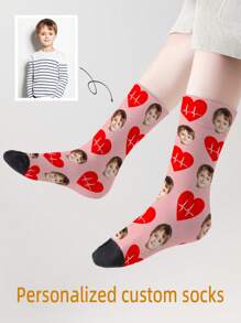 1 Pair Customized Face Printed Mid-Calf Socks For Girls/Boys, Personalized Teenage Socks With Photos, Fun Customized Image Crew Socks, Suitable For Daily Wear, Festivals, Birthdays And Other Occasions - Multicolor - View 3