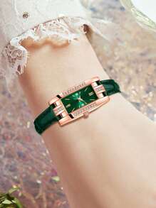 9PCS Green Fashion Women's Watch Set Luxury Versatile Rectangular Dial Quartz Watch Bracelet Necklace Earrings Set Suitable For Daily Clothing Matching Or Holiday Gifts
