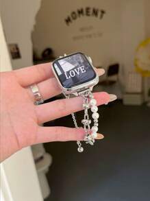 1 pieza Pulsera de reloj con acero inoxidable y perla artificial compatible con IWatch 46/38/40/41/42/44/45/49mm, Series 10/9/Ultra/SE/8/7/6/5/4/3/2/1, Mi Band 9Pro 8Pro, Watch Fit 4/3/2/1, Redmi Watch 5/4