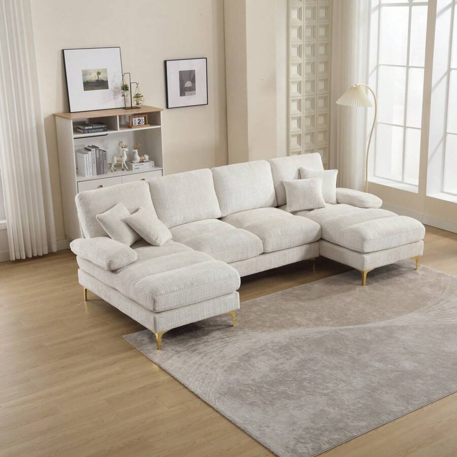 Canapé d'angle moderne en forme de U, tissu chenille, canapé surdimensionné avec méridienne, canapé modulable avec pouf et coussins, élégant pour le salon