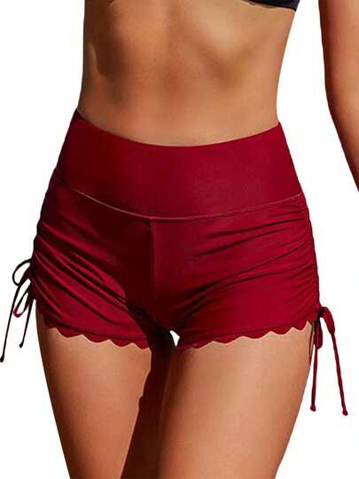 Women Swim Shorts, High Waist Drawstring Wavy Hem Solid Summer Bathing Surfing Bottoms