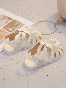 Sandálias fofas para bebês, estilo coreano, sola macia, antiderrapante, bico fechado, sapatos de princesa com laço para meninas pequenas