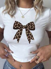 Leopard Print Bow Pattern Slim Short Sleeve Round Neck Top Women's Graphic T-Shirt, Animal Print Tshir,Suitable For Spring And Summer