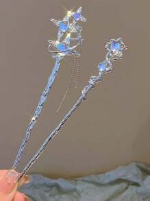 2pcs Women Alloy Star Rhinestone Faux Pearl Tassel Hairpin Retro Unique Design Thick Bun Decoration Elegant Vintage Chinese Style Modern Hairclip For Daily, Party, Date Outfit, Bun Extension, Bun Hair Piece, Hair Bun Maker, Hair Styling Pins, Bobby Pins, Hair Accessories, School Stuff, Faux Pearl Hair Accessories,