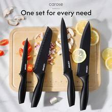 CAROTE 11 Pieces Knife Set With Block For Kitchen, Stainless Steel Razor-Sharp Blade, Triple Riveted Ergonomic Handle, Wooden Magnetic Block, Essential Knife Block Set, Beigeprompt Goods - Black - View 3