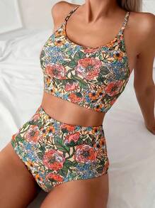 Women's High-Waisted Floral Bikini Set, Two-Piece Swimsuit With Vintage Print,Comfortable And Stylish Beachwea - 粉色 - 查看 1