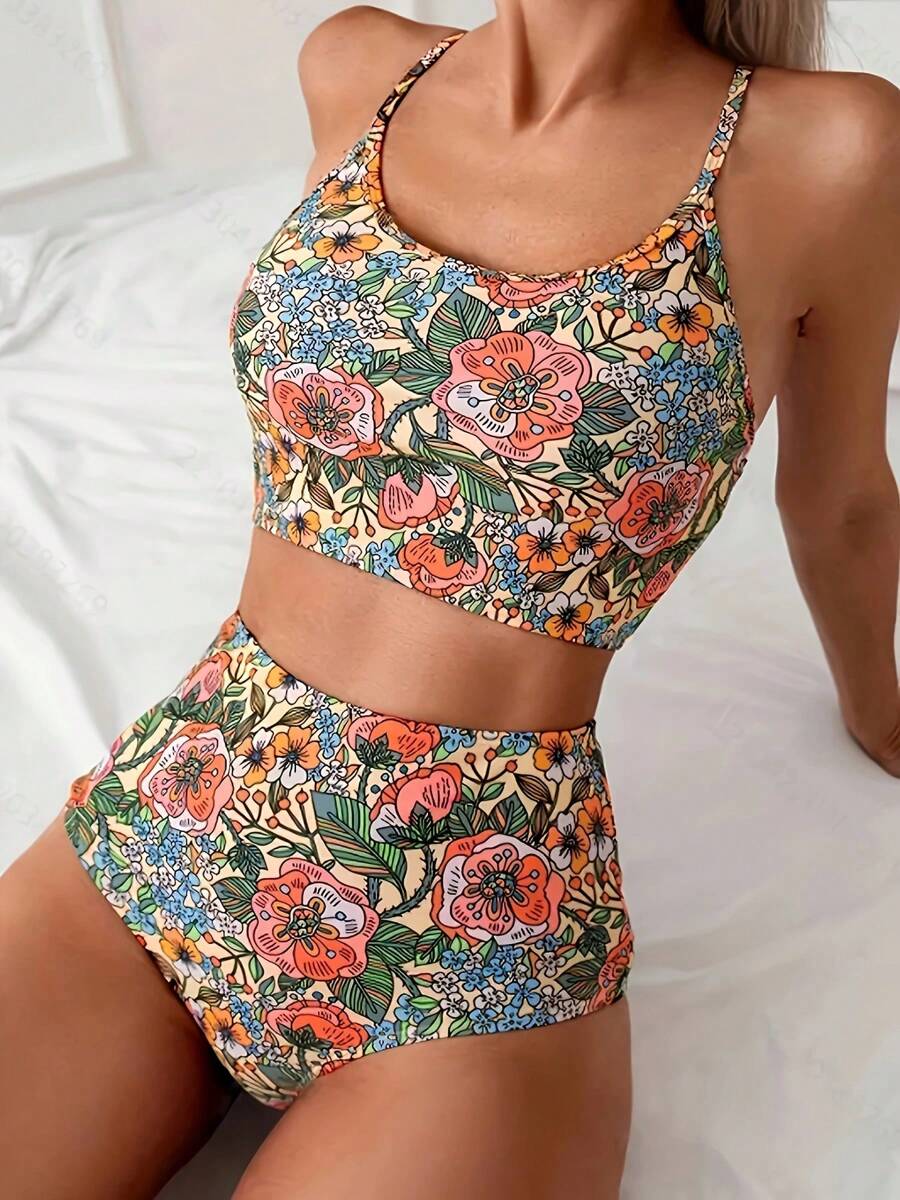 Women's High-Waisted Floral Bikini Set, Two-Piece Swimsuit With Vintage Print,Comfortable And Stylish Beachwea - 粉色 - 查看 1