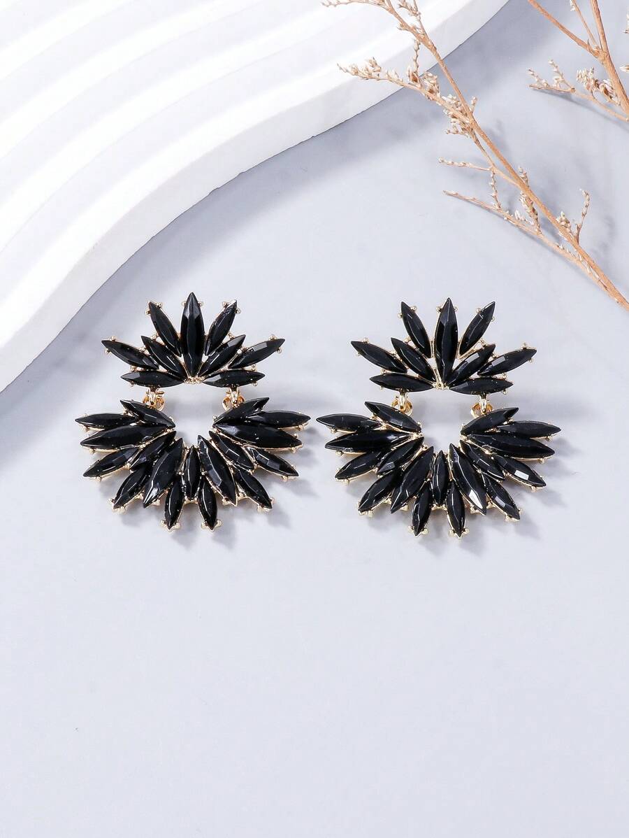 juran 1 par de aretes exagerados con decoración de flores de cristal brillantes con rhinestones - Negro - Ver 1