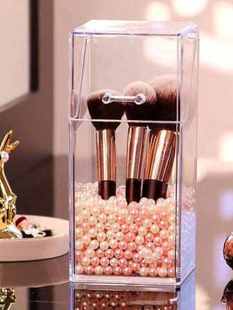 1个亚克力收纳盒（不含仿珍珠内衬），防尘防潮桌面收纳架，化妆刷架，收纳桶，笔筒，适用于办公室、梳妆台、居家和旅行，可用作珠宝盒、收纳袋、化妆刷架、化妆刷收纳盒、香水收纳盒、化妆包，女士礼物，圣诞礼物，女士送礼佳品