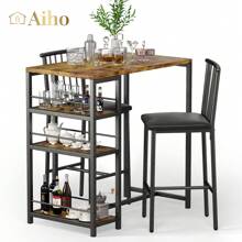 Aiho 3-Piece Wooden Counter Height Dining Table Set, Small Kitchen Table Kitchen, Dining Room - Retro - Brown - View 4