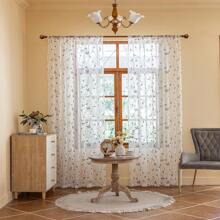 1 件透明叶子刺绣窗帘，带杆袋，花卉图案，适用于卧室和客厅