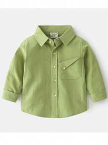 Young Boy Plain Front Button Pocket Casual Long Sleeve Shirt, Autumn