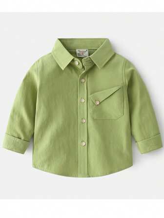 Young Boy Plain Front Button Pocket Casual Long Sleeve Shirt, Autumn