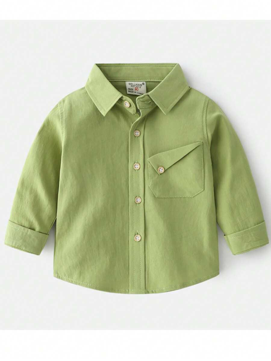 Young Boy Plain Front Button Pocket Casual Long Sleeve Shirt, Autumn