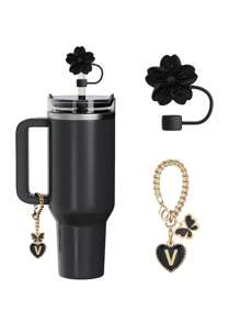 兼容 杯配件 1 件黑粉色吸管盖，用于杯吸管盖，1 件可爱心形字母和圆形字母饰物，适用于 30&40 盎司带手柄玻璃杯，字母饰物配件的长度为 3.94 英寸。个性化字母配件