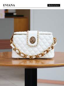 Nuevo diseño de nicho 2025 Bolso de caja de unicolor romboidal, bolso de mano con cadena gruesa, bolso cuadrado pequeño con costura bordada, elegante bolso de axila, versátil bolso cruzado de viaje, bolso de mujer de alta gama
