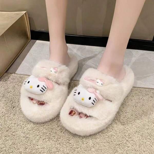 Sanrio 1 pieza Zapatillas de peluche planas con diseño de gato KT de Sanrio, aprobadas por la marca, de uso en el hogar y fuera de este, de estilo coreano lindo para mujer