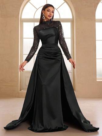 YISIKADO 女士优雅奢华网眼亮片高领长袖缎面可拆卸斗篷晚礼服