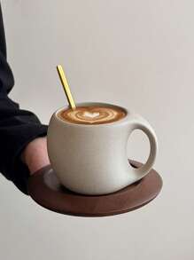 1 套复古陶瓷咖啡杯碟，配木杯垫和金属勺，手工乡村陶器设计，个性化情侣咖啡杯套装，重返校园