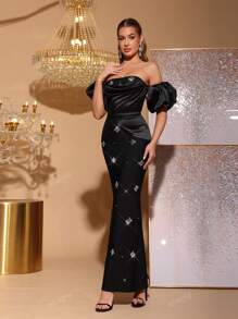 Nuovo arrivo abito da donna nero con decorazioni in paillettes, sexy con spalle scoperte e schiena scoperta, maniche a lanterna, vestito fasciante. Adatto per matrimoni, feste e occasioni formali. Abito da festa, abito da ospite di matrimonio, abito da sera, vestito da cerimonia.