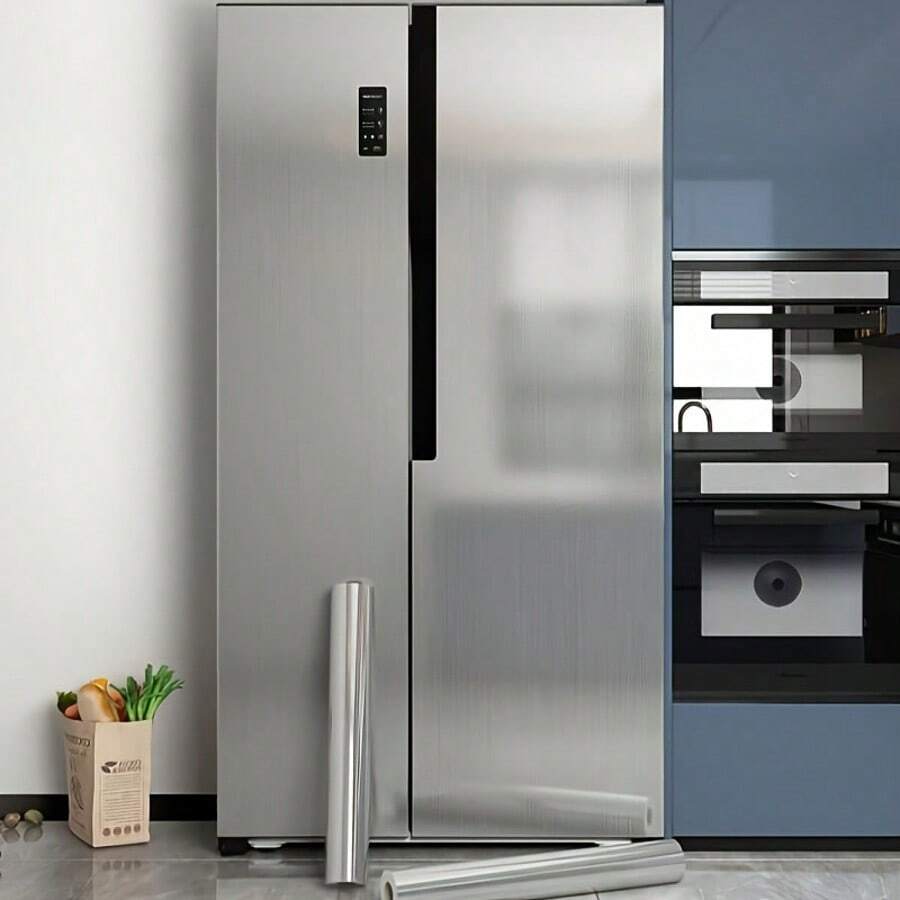 1 Roll Silvery Metallic Style, Kitchen Renovation Vinyl Sticker, Refrigerator Wrap, Faux Metal Self-Adhesive Aluminum Foil, Oil & Waterproof Decal For Fridge, Cabinets, Smooth Surfaces, Textured Finish, 60cmx1000cm (23.62"X393.7") Vinyl Material - Silver - View 1