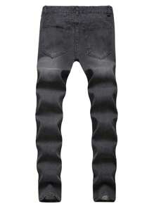 Men's Distressed Embroidered Detail Washed Frayed Street Style Skinny Jeans, Emo Style - Grey - View 2